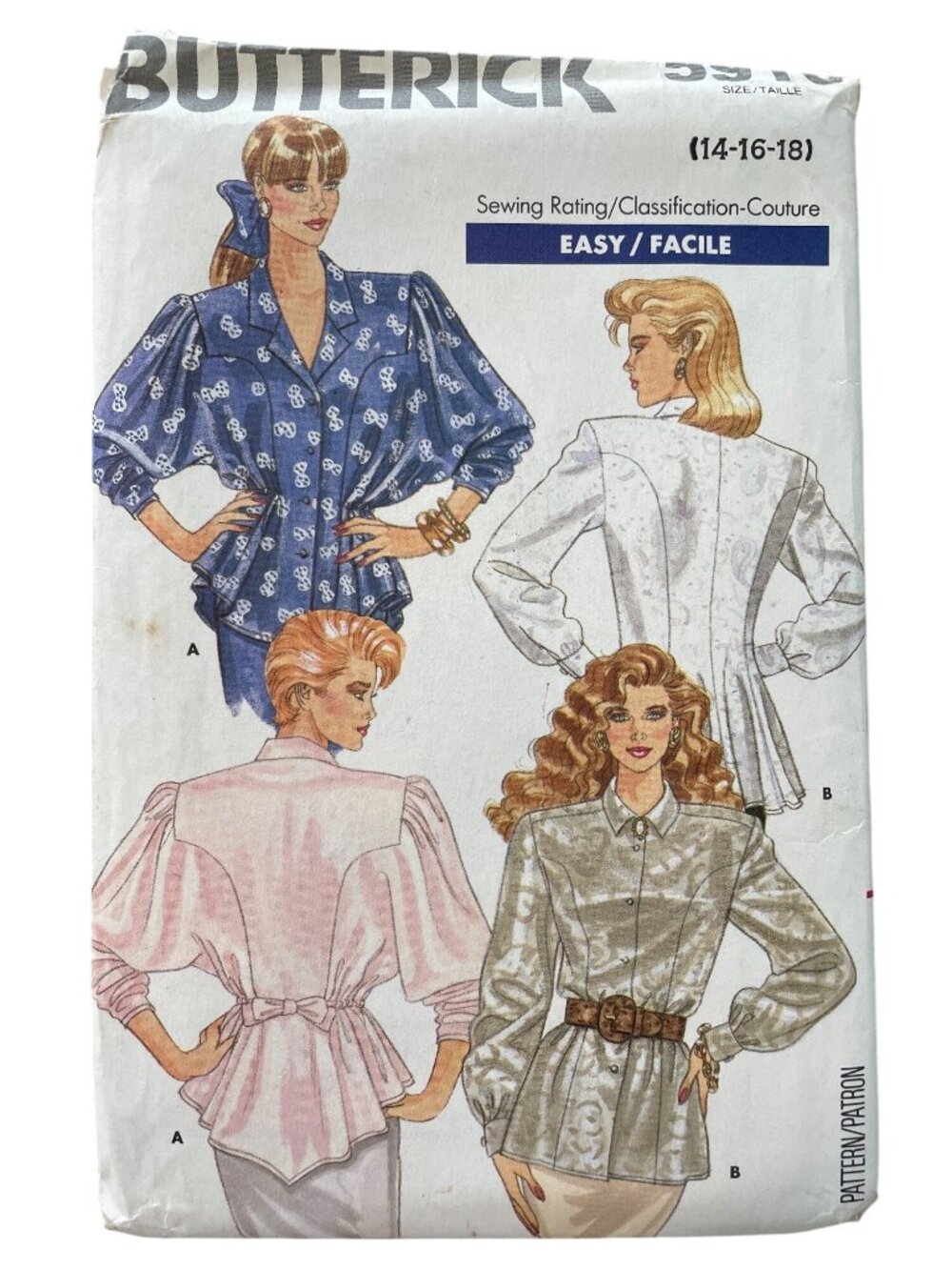 Vintage 80s Butterick 5910 Sewing Pattern Sizes 14-16-18 Misses Blouse UNCUT